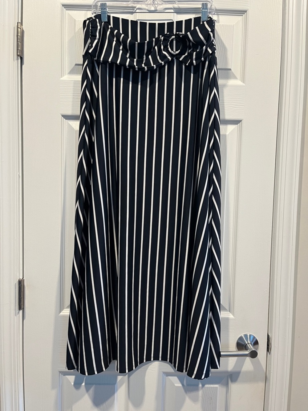 Notations Navy and White Vertical‎ Stripe Maxi Skirt with Ring Belt Size 1X